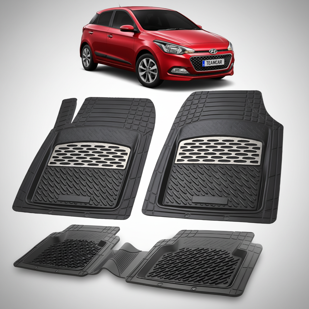 Set of black car floor mats with a red car in the background