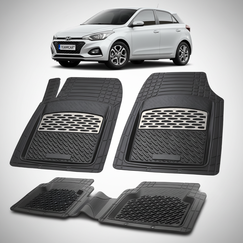 Set of black car floor mats with a white car in the background