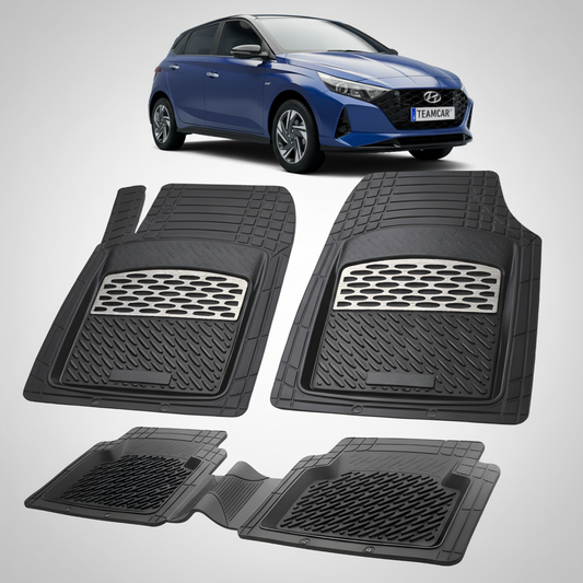Set of black car floor mats with a blue Hyundai car in the background