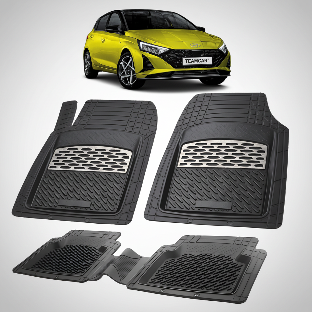 Set of black car floor mats with a yellow car in the background