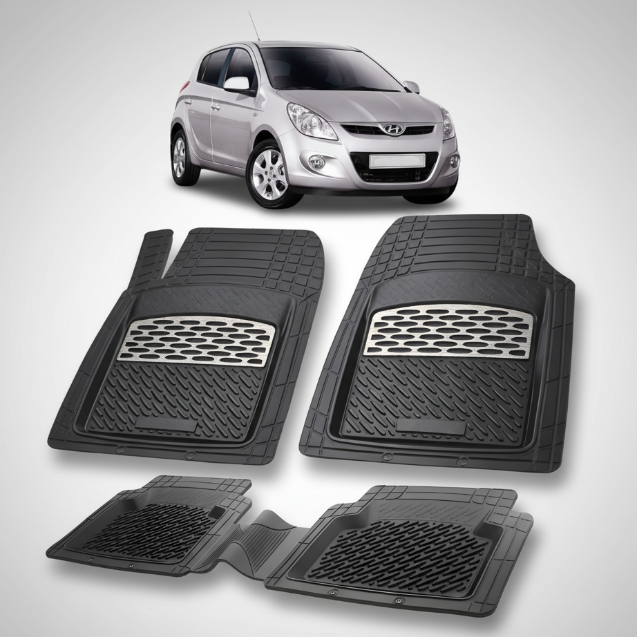 Set of black car floor mats with a car in the background