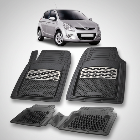 Set of black car floor mats with a car in the background