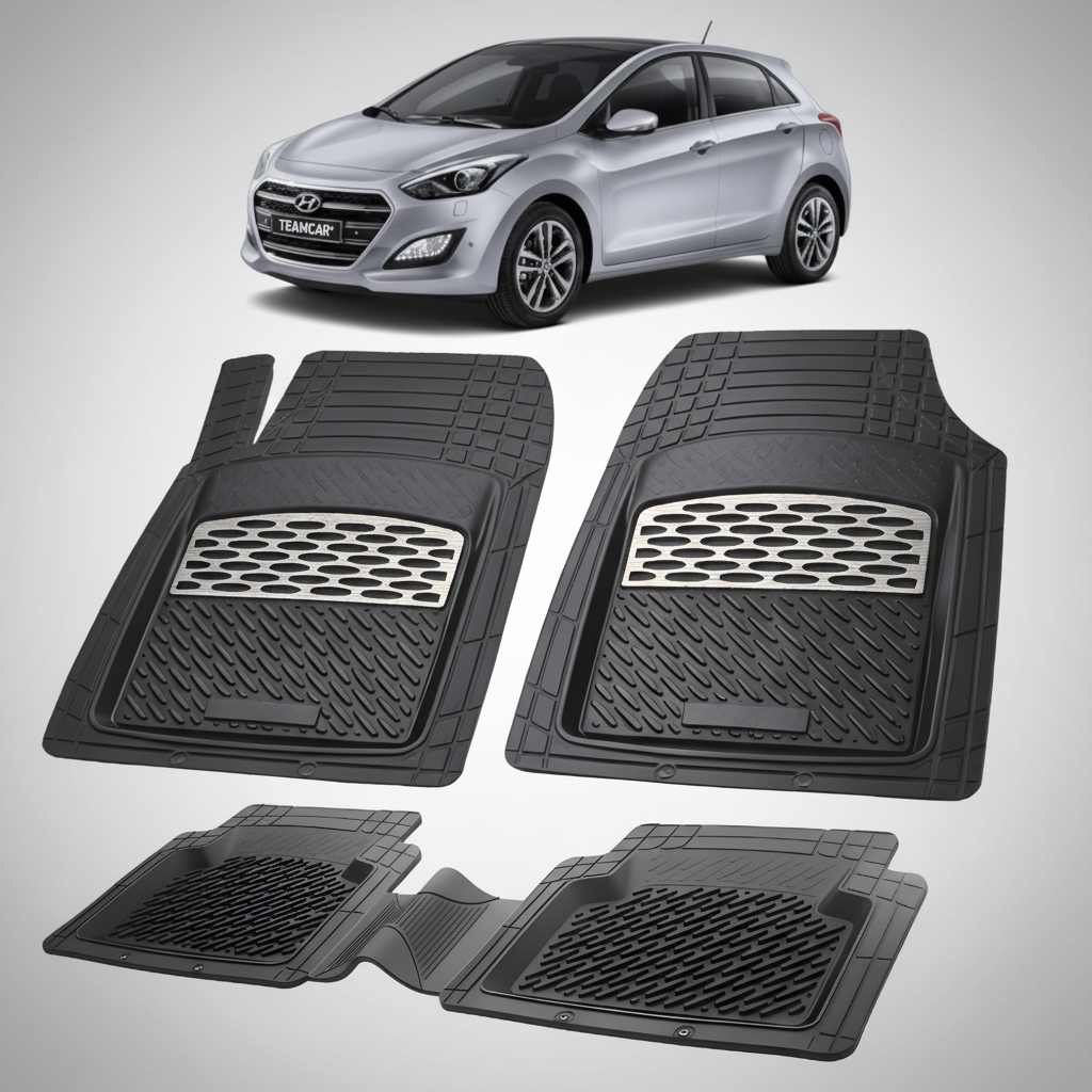 Set of black car floor mats with a Hyundai car in the background