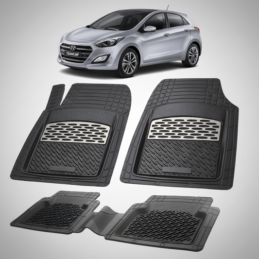 Set of black car floor mats with a Hyundai car in the background