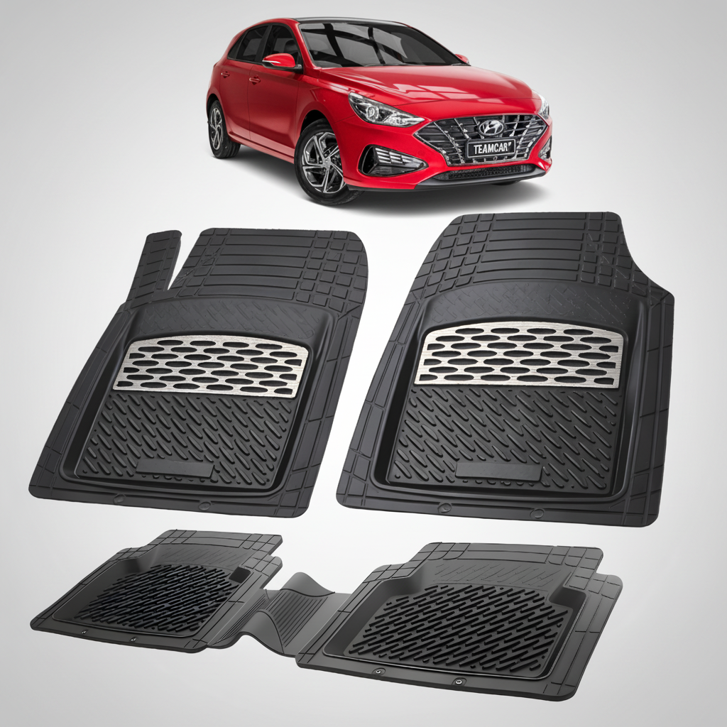 Set of black car floor mats with a red car in the background