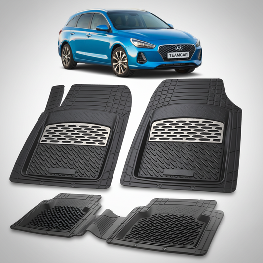 Set of black car floor mats with a blue Hyundai car in the background