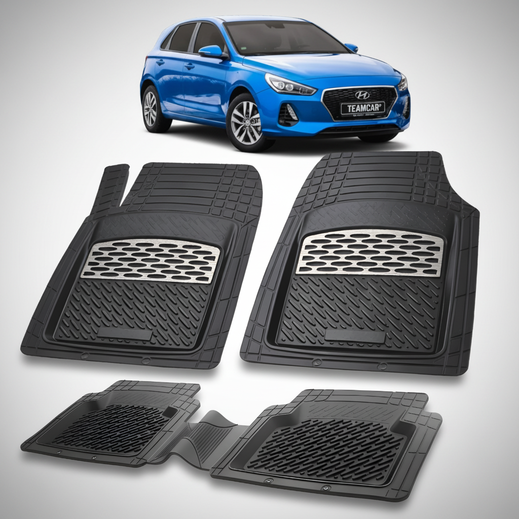 Set of black car floor mats with a blue Hyundai car in the background
