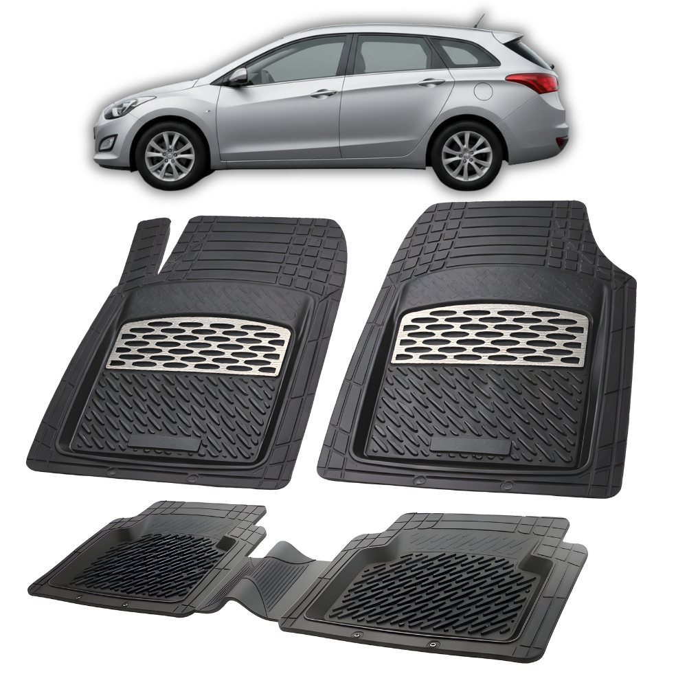 Set of black car floor mats with a car in the background