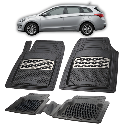 Set of black car floor mats with a car in the background