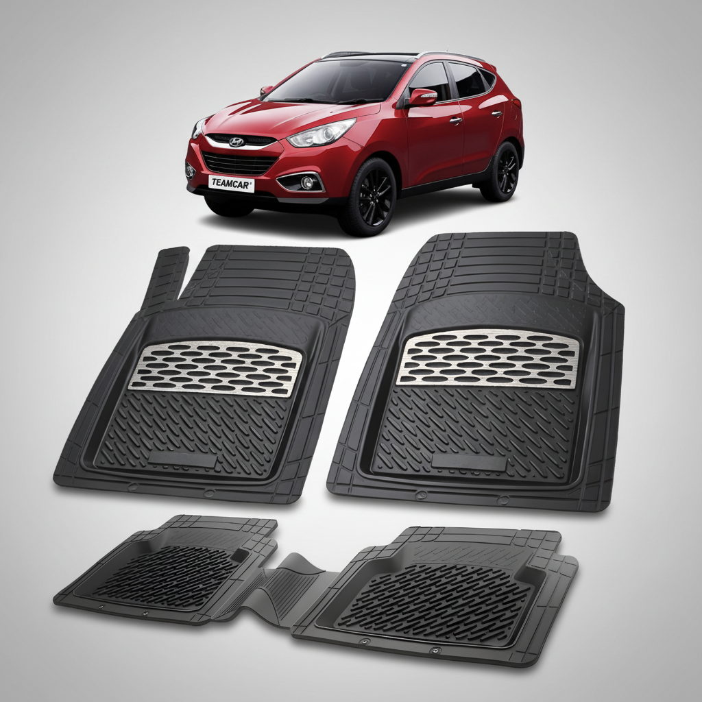 Set of black car floor mats with a red Hyundai Tucson in the background