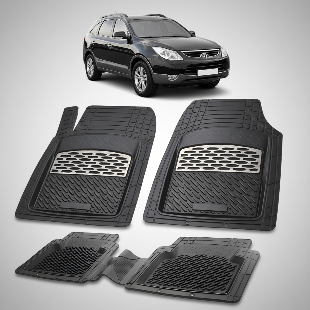 Set of black car floor mats with a vehicle in the background
