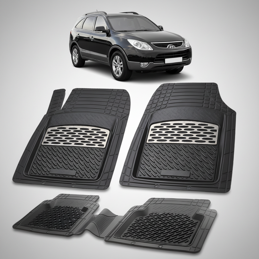 Set of black car floor mats with a vehicle in the background