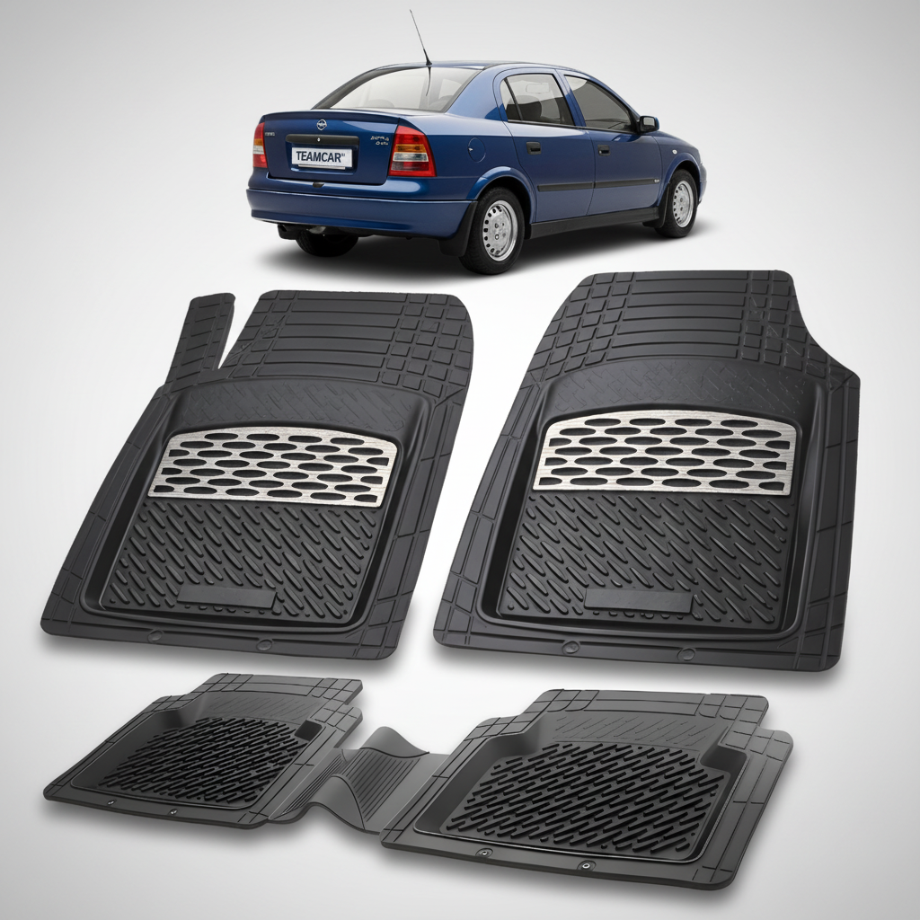 Set of black car floor mats with a car in the background