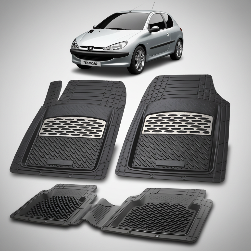 Set of black car floor mats with a car in the background