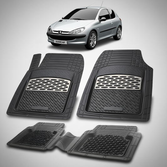 Set of black car floor mats with a car in the background