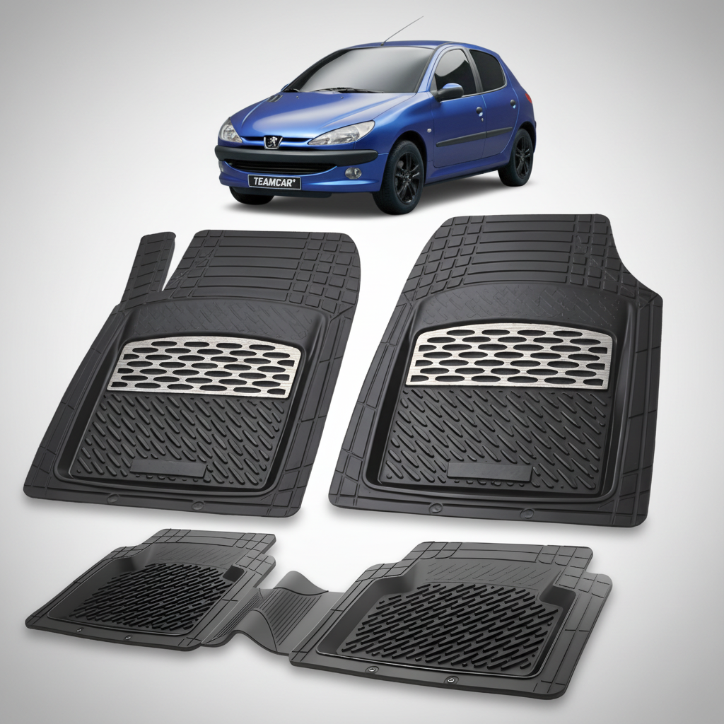 Set of black car floor mats with a blue car in the background
