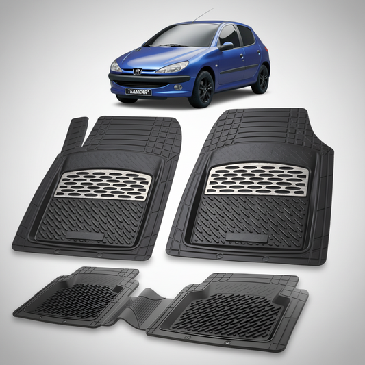 Set of black car floor mats with a blue car in the background