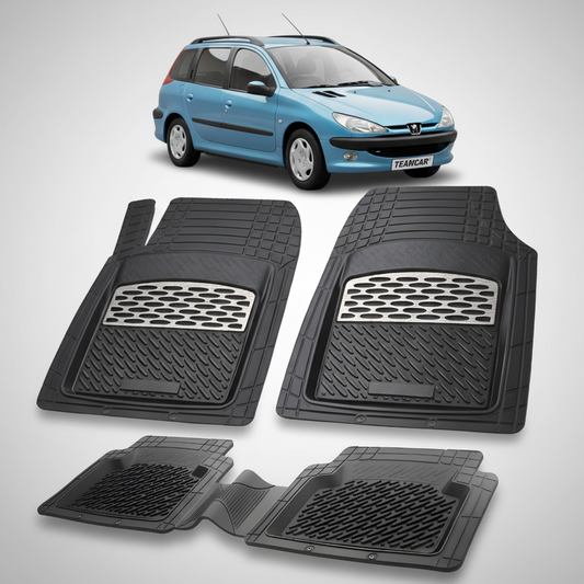Set of black car floor mats with a small inset image of a blue car.