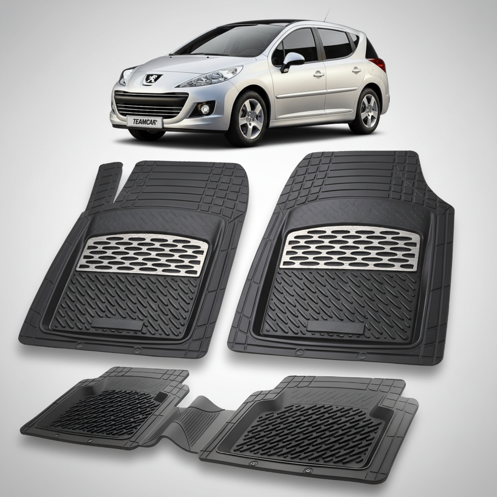 Set of black car floor mats with a white car in the background