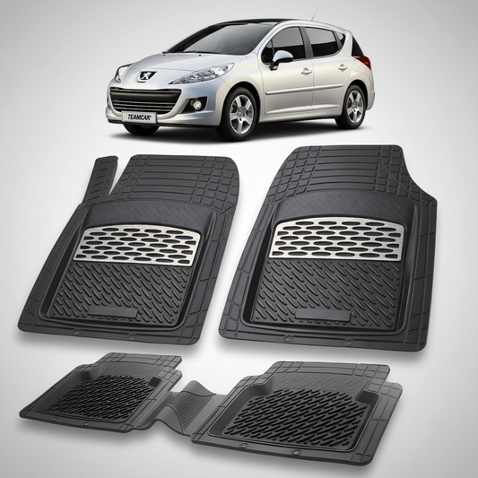 Set of black car floor mats with a white car in the background