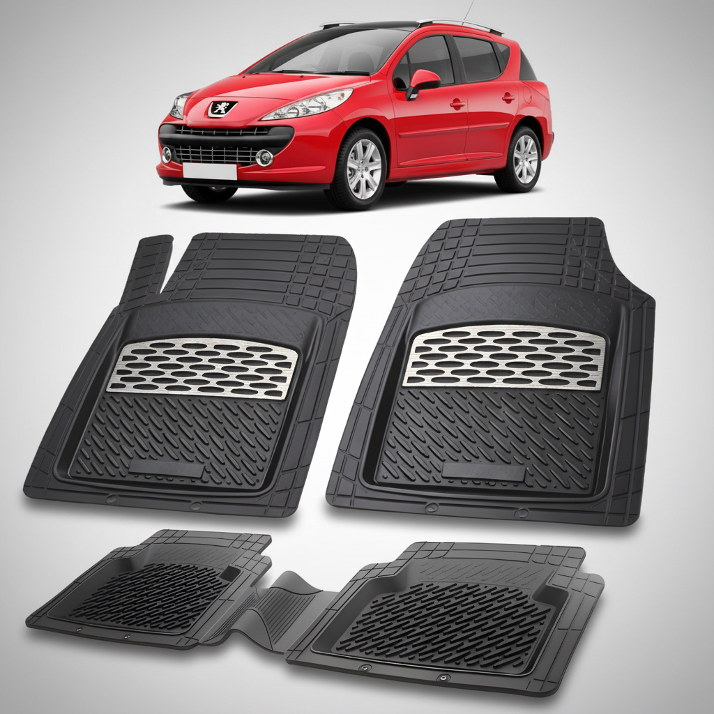 Black car floor mats with a red car in the background