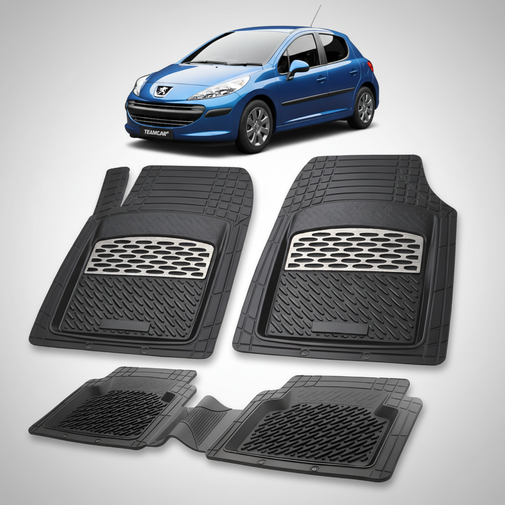 Set of black car floor mats with a blue car in the background
