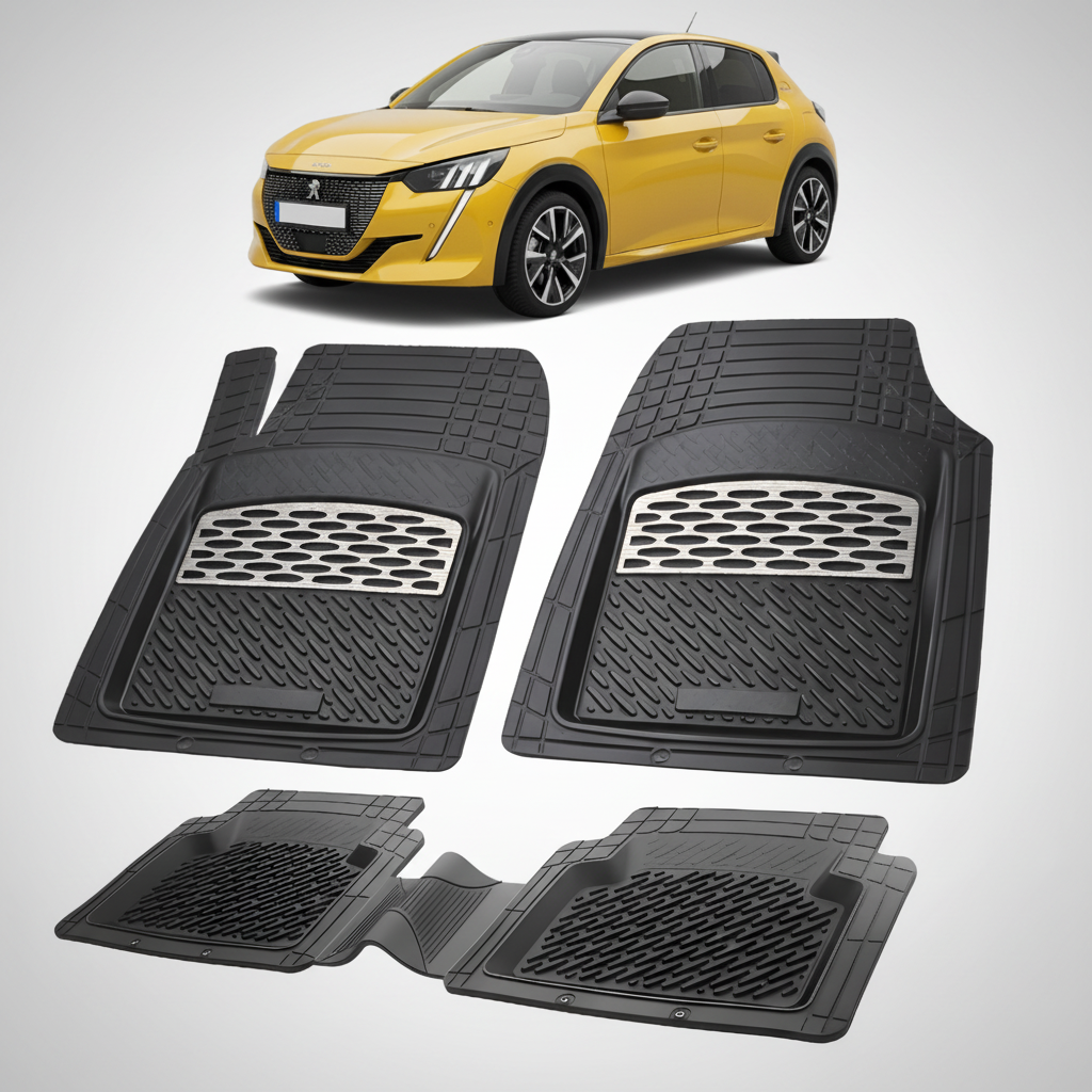 Set of black car floor mats with a yellow car in the background
