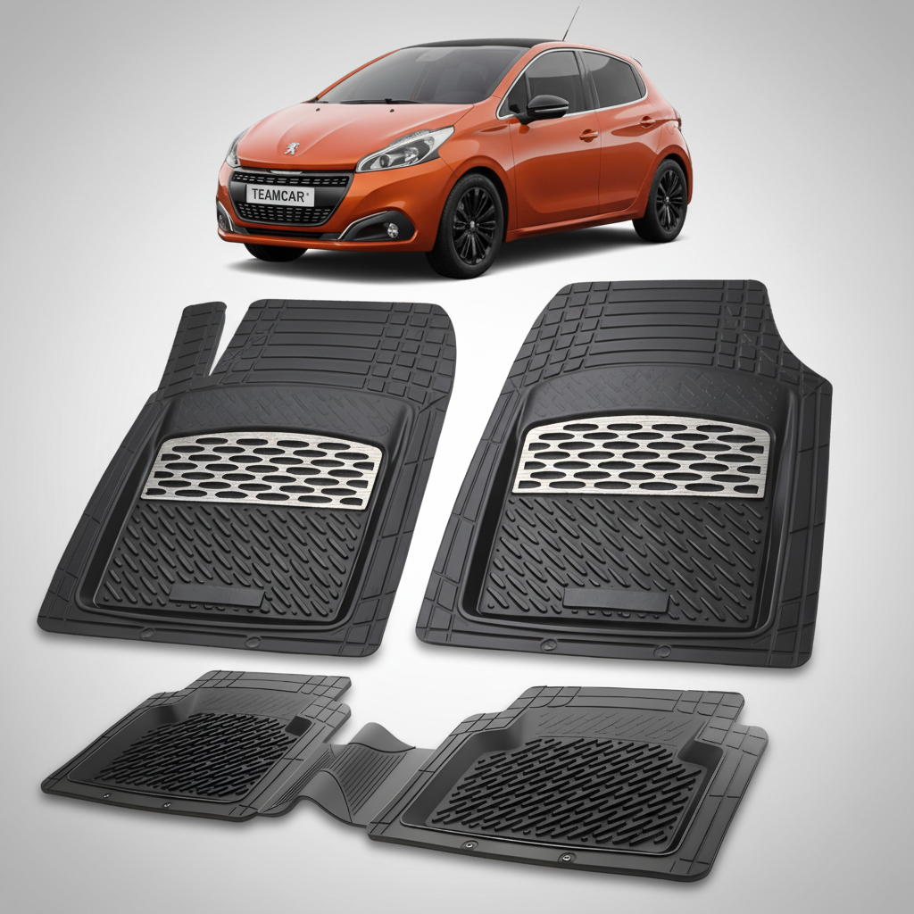 Set of black car floor mats with a Peugeot car in the background