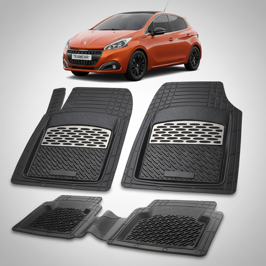 Set of black car floor mats with a Peugeot car in the background