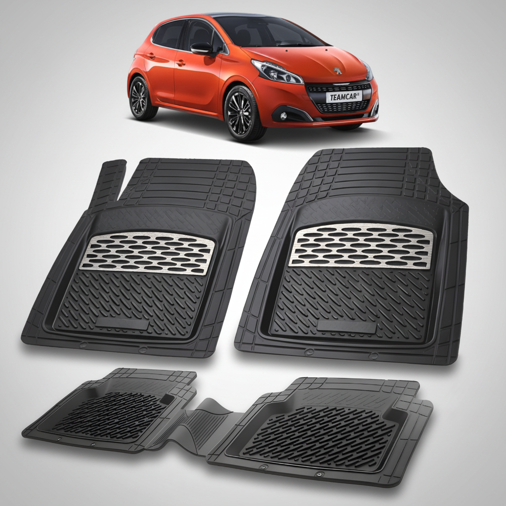 Set of black car floor mats with a red car in the background
