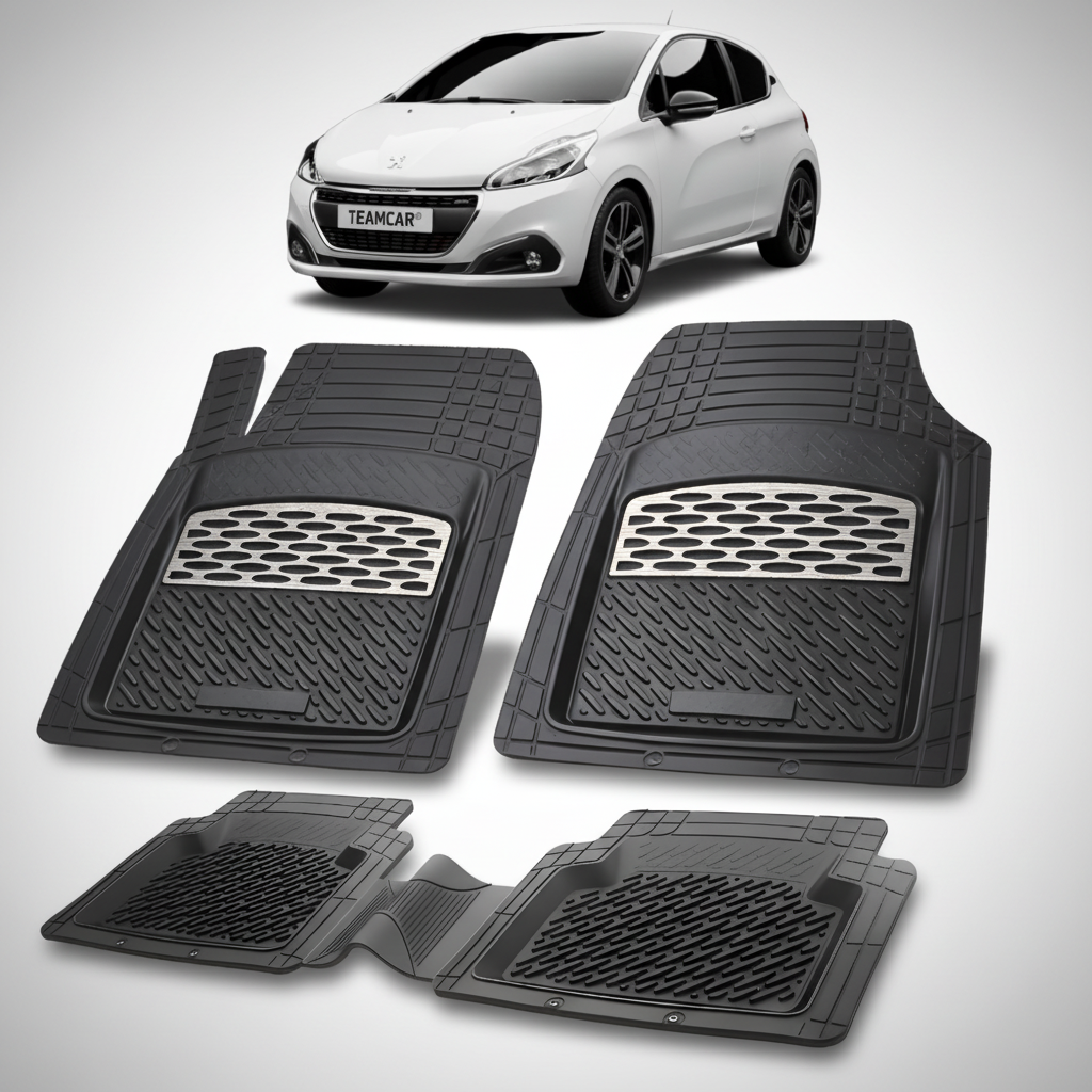 Set of black car floor mats with a white car in the background