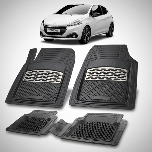 Set of black car floor mats with a white car in the background