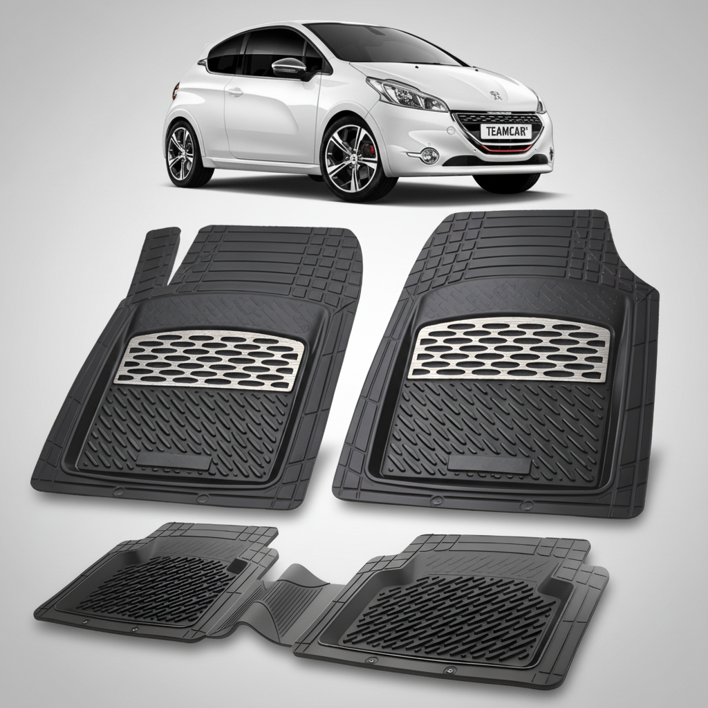 Set of black car floor mats with a white car and 'Teamcar' branding in the background.