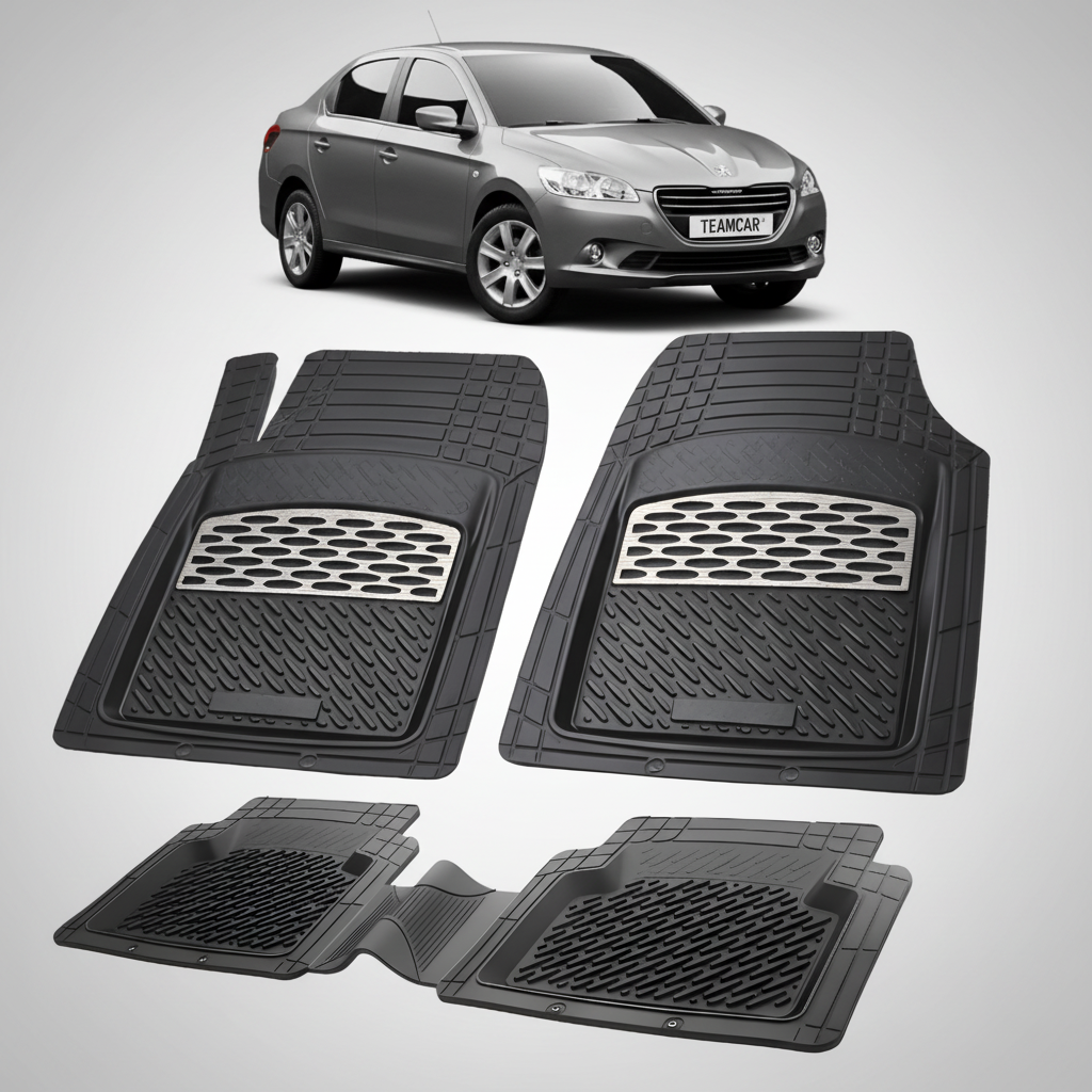 Set of black car floor mats with a car in the background