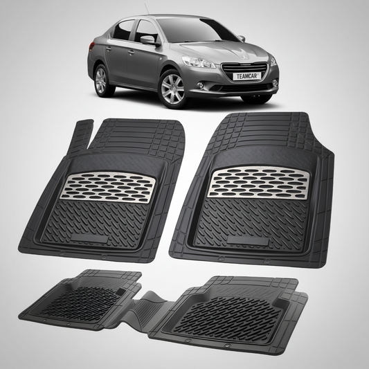 Set of black car floor mats with a car in the background