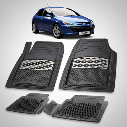 Set of black car floor mats with a blue car in the background