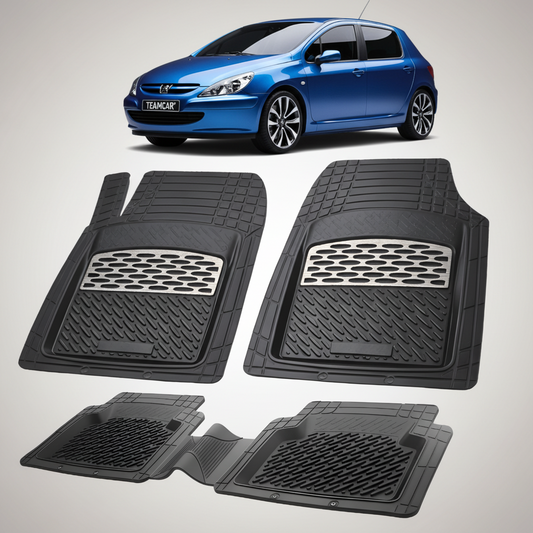 Set of black car floor mats with a blue car in the background