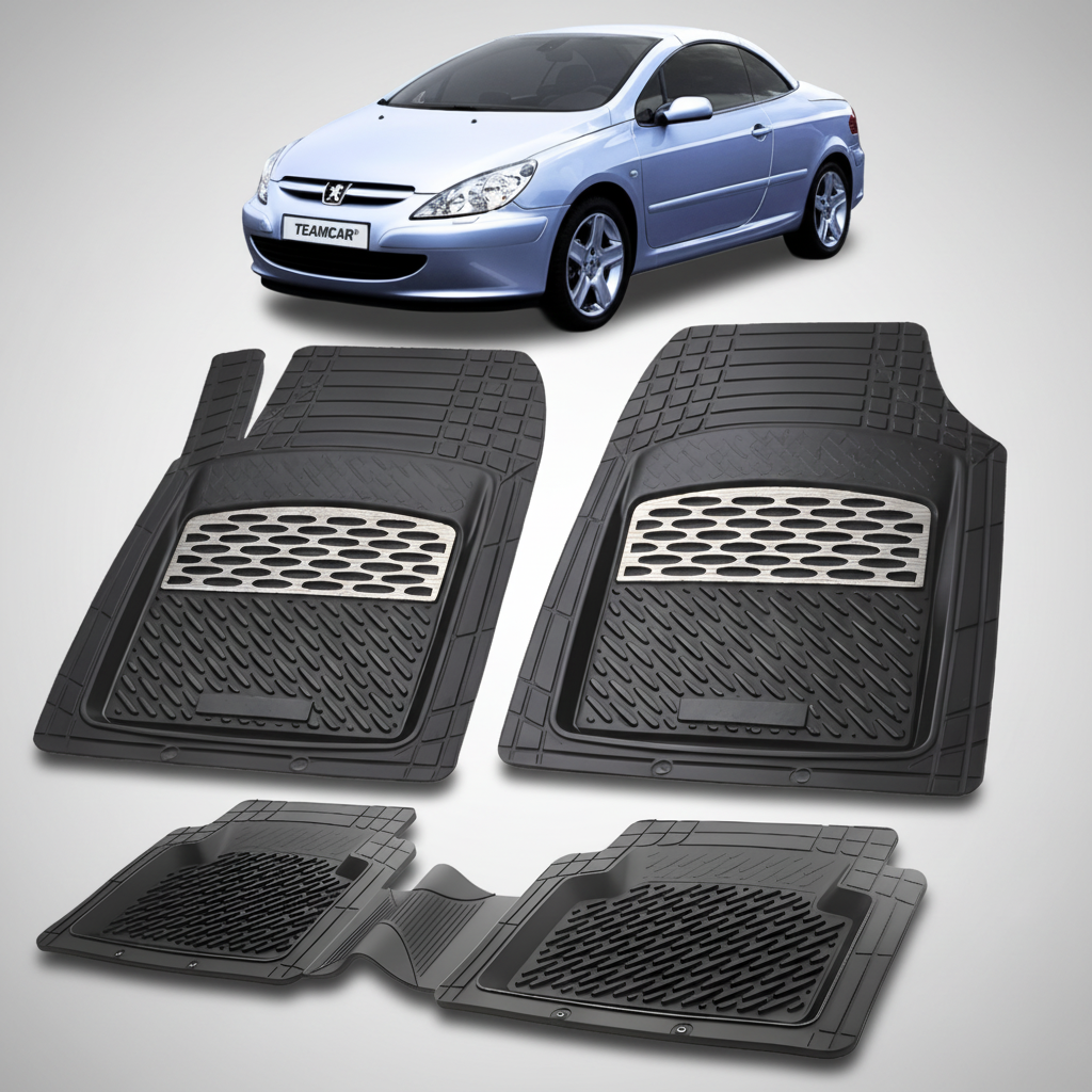 Set of black car floor mats with a car in the background