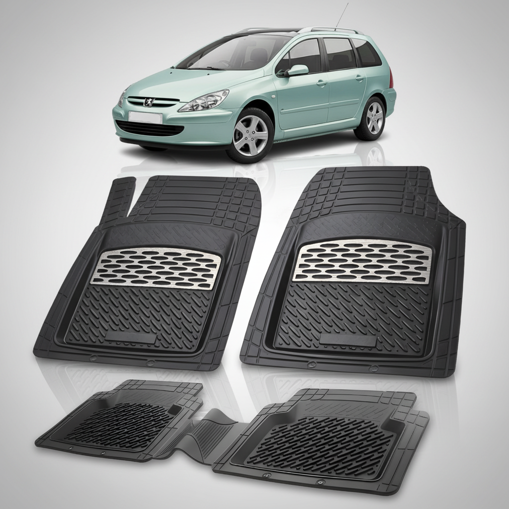 Set of black car floor mats with a car in the background