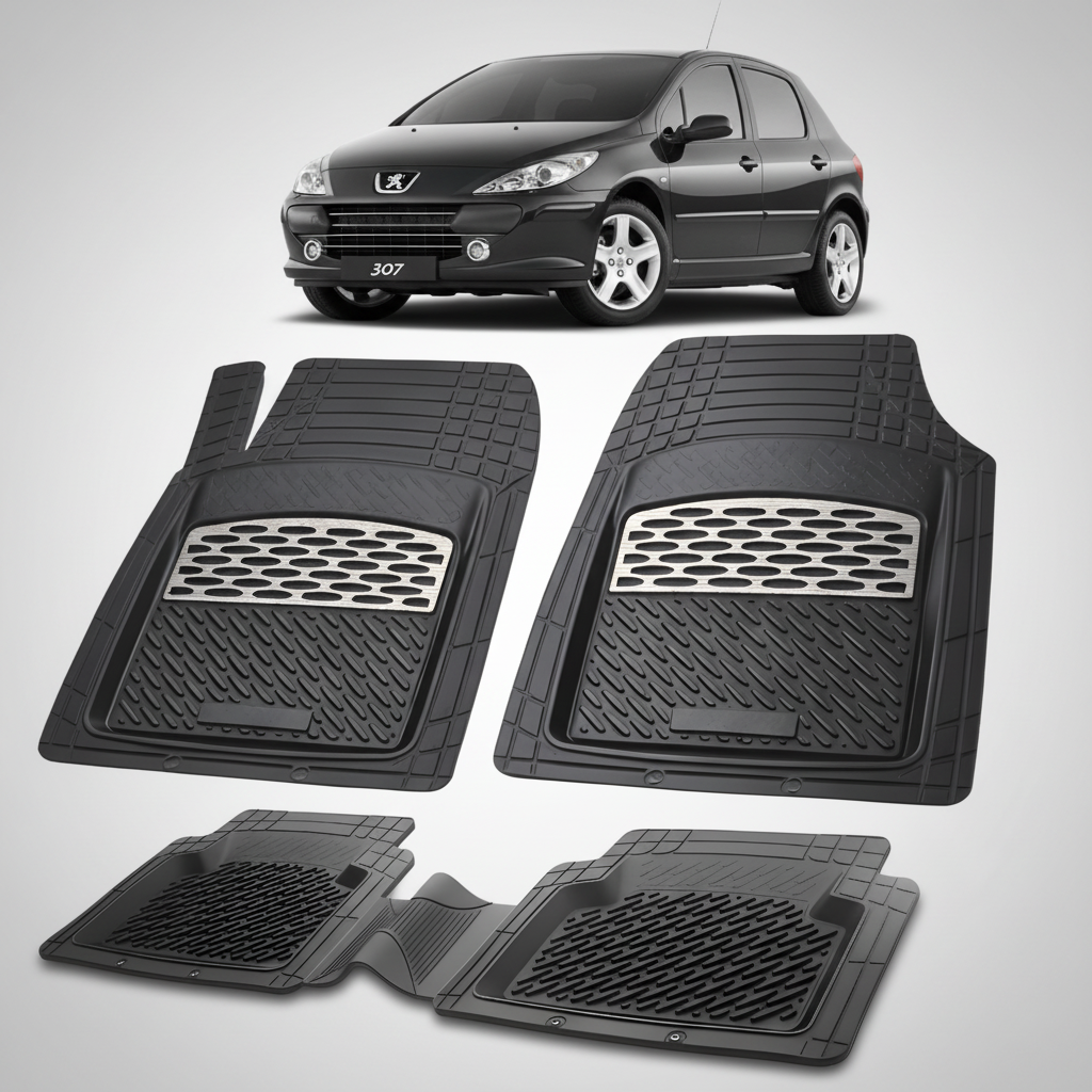 Set of black car floor mats with a car in the background