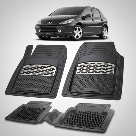 Set of black car floor mats with a car in the background