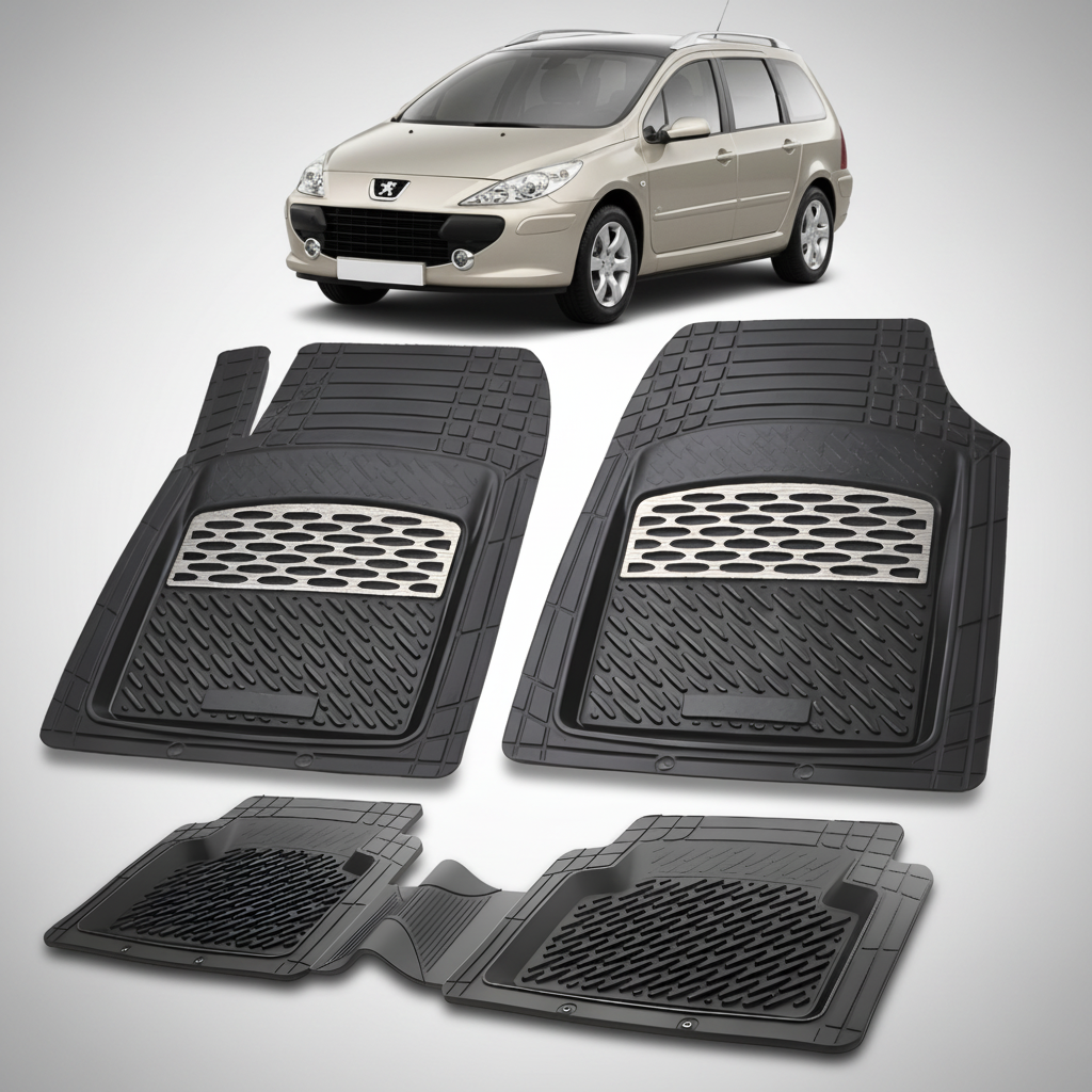 Set of black car floor mats with a car in the background