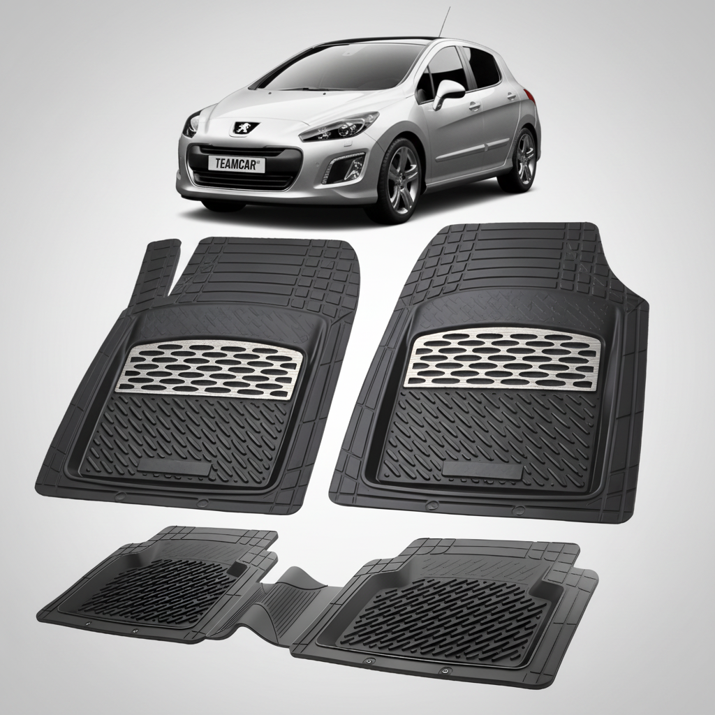 Set of black car floor mats with a car model in the background