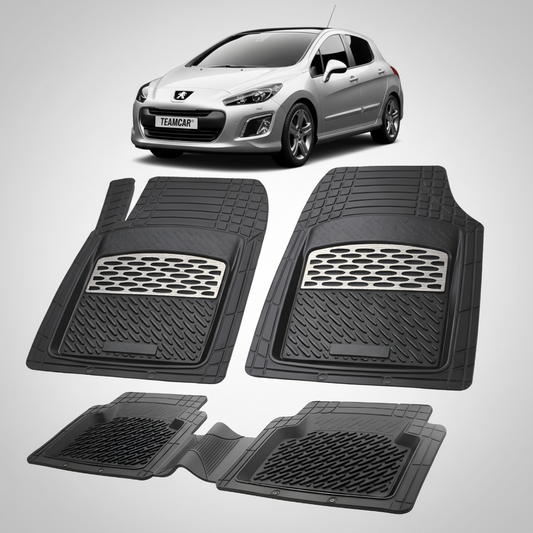Set of black car floor mats with a car model in the background