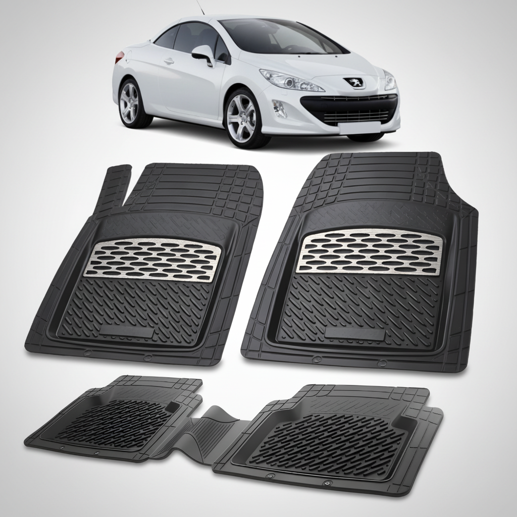 Set of black car floor mats with a white car in the background
