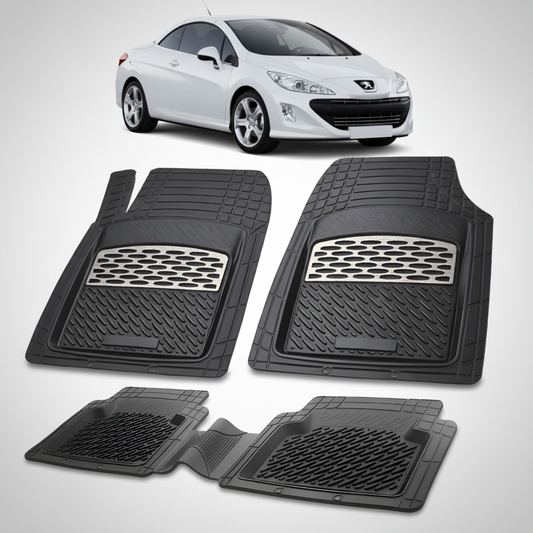 Set of black car floor mats with a white car in the background