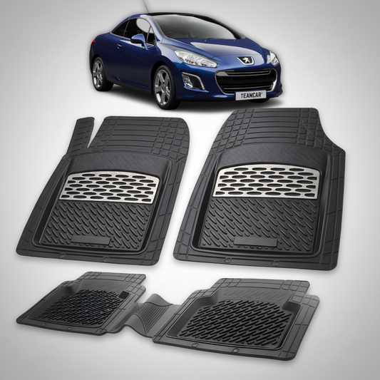Set of black car floor mats with a blue car in the background