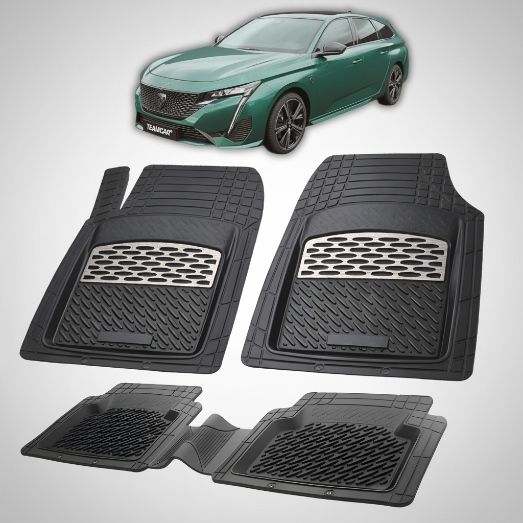 Set of black car floor mats with a car in the background