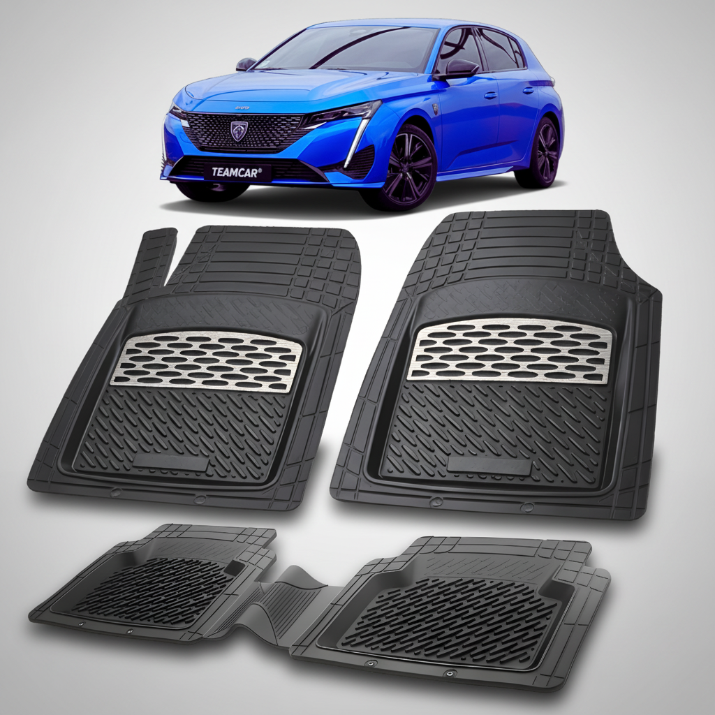 Set of black car floor mats with a blue car in the background