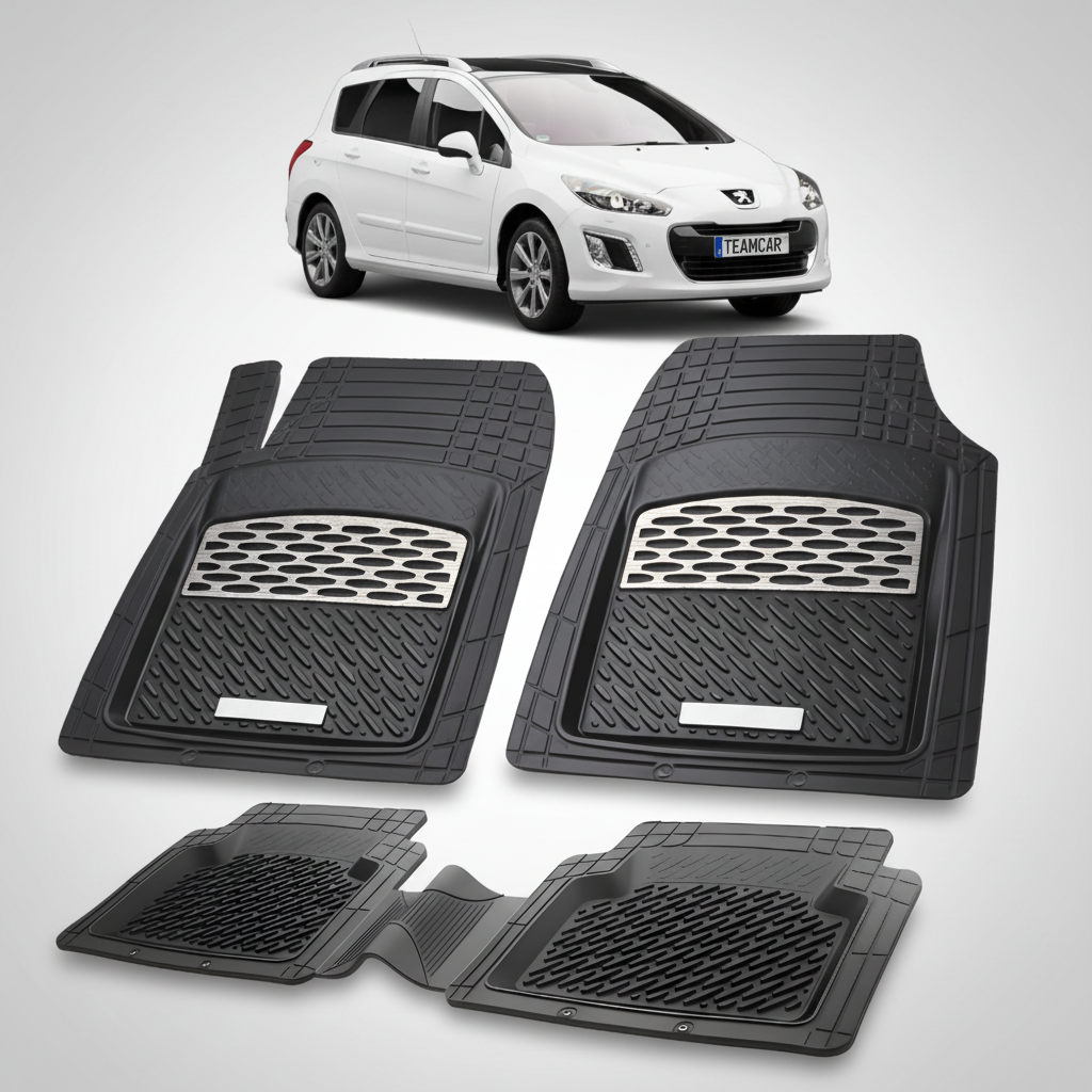 Set of black car floor mats with a white car in the background
